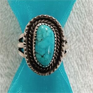 Vintage Sterling Silver Turquoise Ring Oval Navajo Style Size 7.5